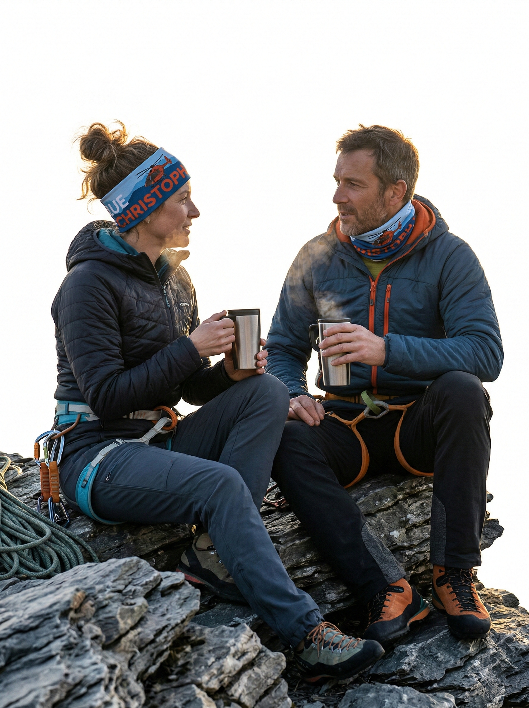 Zwei Erwachsene sitzen auf einem Felsen, machen nach dem Klettern eine Pause, beide tragen das Christoph 14 Stirnband.