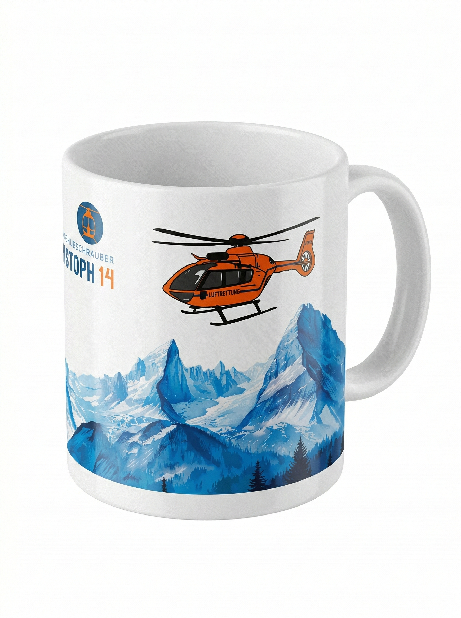 Christoph 14 Tasse mit Hubschrauber-Motiv und Bergsilhouette