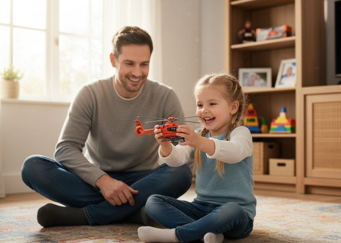 Mädchen spielt mit Modellhubschrauber Christoph 14 klein, Papa sitzt daneben