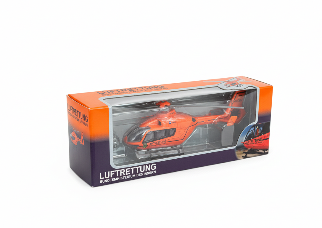 Modellhubschrauber Christoph 14 klein in Originalverpackung, freigestellt