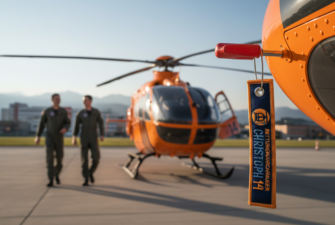 Schlüsselanhänger Christoph 14 orange, hängend an einer Öse mit Hubschrauber im Hintergrun