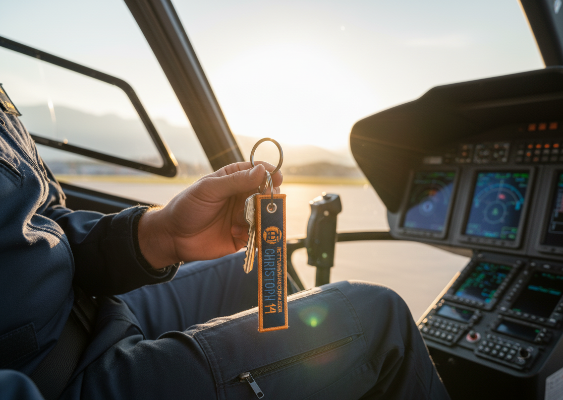 Pilot*in im Hubschrauber-Cockpit hält Schlüsselanhänger Christoph 14 orange in der Hand