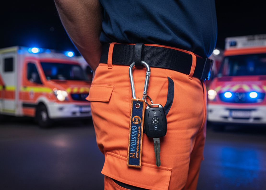 Schlüsselanhänger Christoph 14 orange am Karabiner eines Rettungsdienst-Gürtels